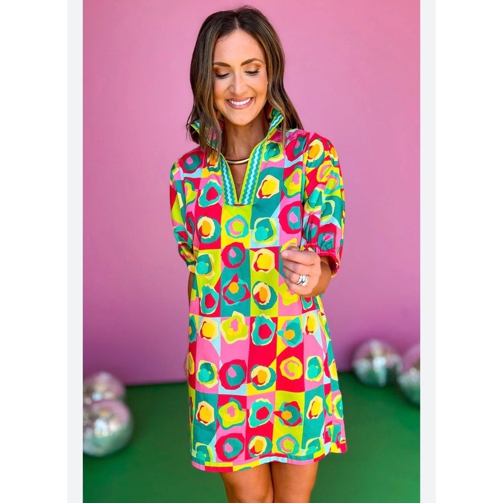 M18 Emily McCarthy Poppy Dress Invite Joy Pink Multi Cotton Puff Sleeve Mini S